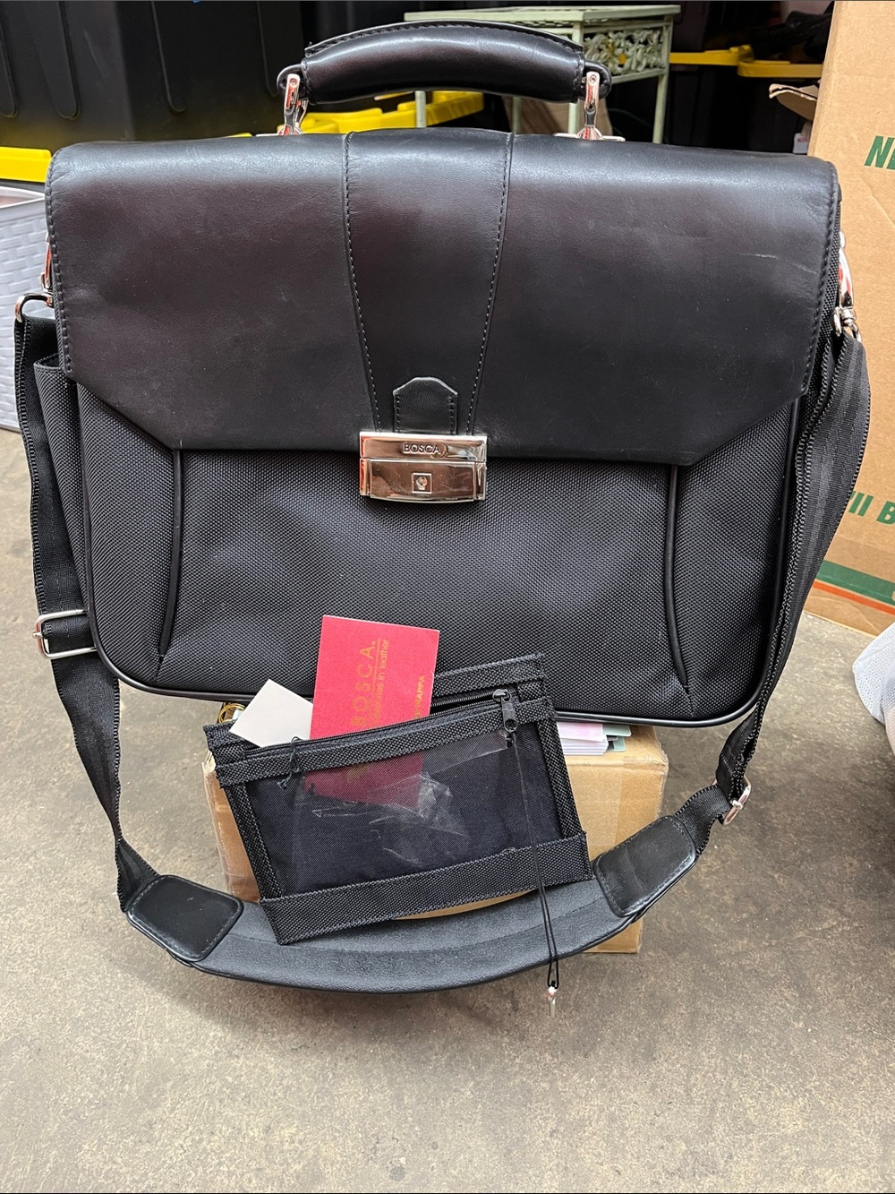 Bosca Black Leather & Nylon Messenger Bag with Silver Lock